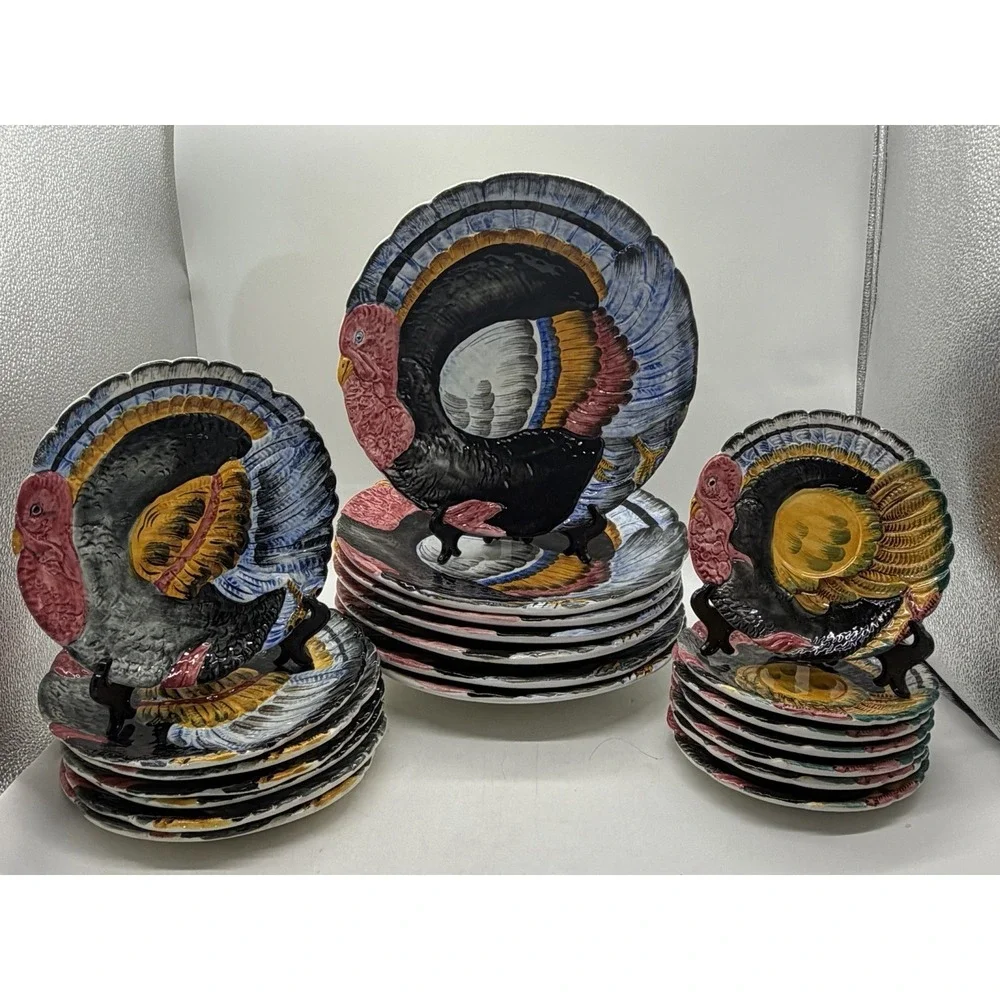 Vintage Italian Majolica Turkey Dinner Plates Hand Painted 21 Pc Set Italy